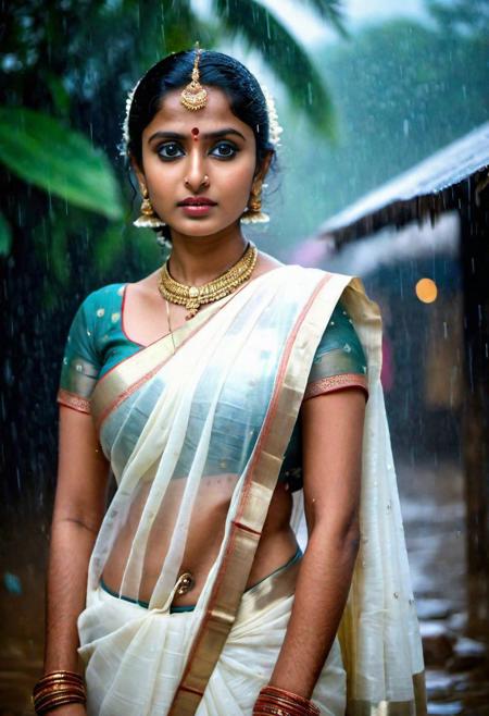 An women elegantly draped in a transparent white sari, big eyes Detailed facial and body expressions and traditional Hindu symbols enhance the emotional depth background is heavy rain in hut