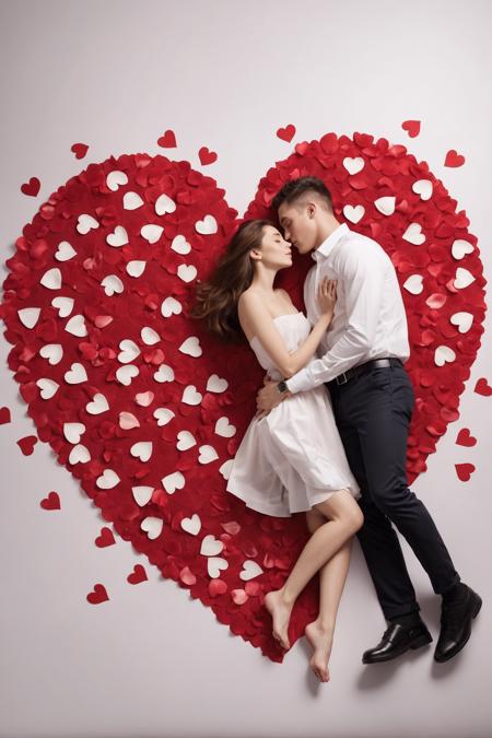 valentine's day date,top view angle,lovers lying on heart-shaped petals,the petals are white,