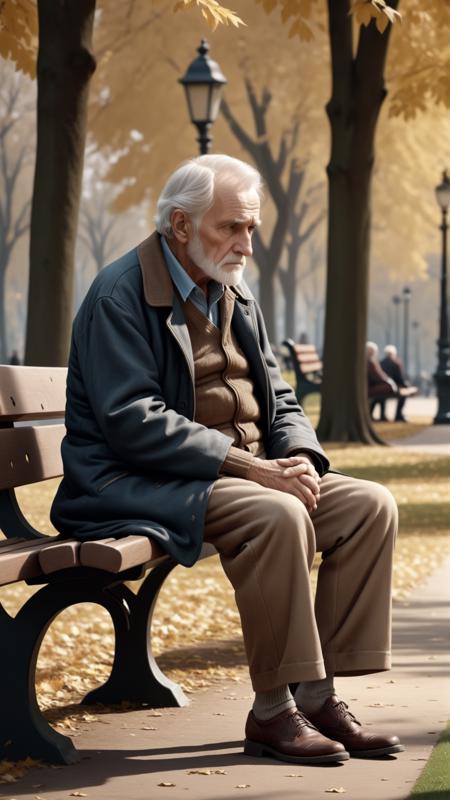 Hyperrealistic art photorealistic, old man, sitting on a bench in a park, sad . Extremely high-resolution details, photographic, realism pushed to extreme, fine texture, incredibly lifelike