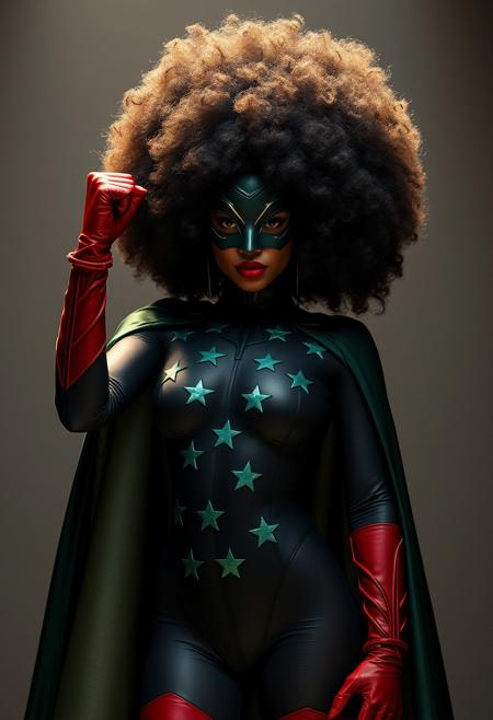 Highest quality, (cinematic lighting:1.1), action movie film still, a brown skinned woman supervillain with a huge afro styled to look like a star shape. She wears a dark green  domino mask and cherry red lipstick. She is in a full black body suit  with dark green star shapes of various sizes sewn all over her body suit. She has long red gloves and knee high red boots. She has a dark green cape that hangs from her shoulders down to the ground. She hold a clinched fist in the air above her head.  Facing viewer, full breasts, big ass, [wide hips], (highly detailed skin), ambient light, photographed on a Nikon Z9, RF 35mm lens, F2.8, HDR, 8k, highly detailed, Cinestill 800T, dynamic angle, inspired by the movie (Black Panther).