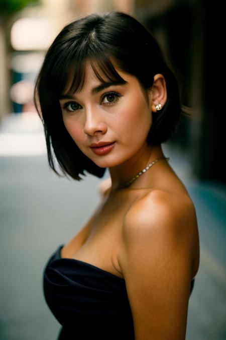 Realistic photo of a beautiful 4udr3yh-v2 woman, 1girl, solo, short hair, breasts, looking at viewer, smile, blonde hair, black hair, bare shoulders, brown eyes, upper body, multicolored hair, lips, realistic, nose, soft lighting, professional Photography, Photorealistic, detailed, RAW, analog, sharp focus, 8k, HD, DSLR, high quality, Fujifilm XT3, film grain, award winning, masterpiece<lora:4udr3yh-v2:1.0>