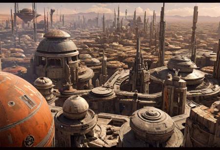 A world spanning city in the style of the Star Wars universe.