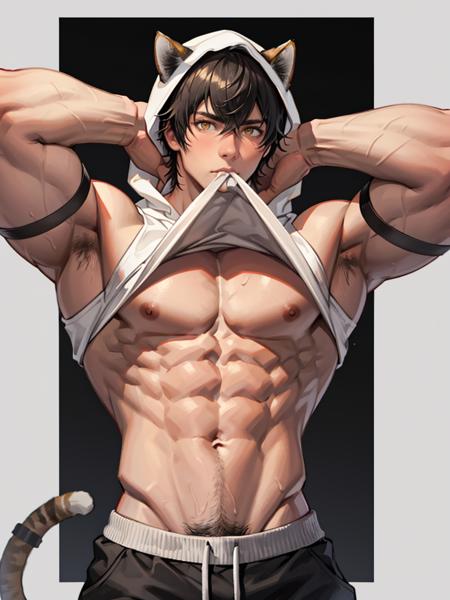 <lora:broca-000003:1>,Broca_b,male focus,animal ears,1boy,black hair,solo,muscular,short hair,yellow eyes,hood,tail,abs,cat ears,pectorals,muscular male,cat tail,nipples,clothes lift,pants,shirt lift,cat boy,lifted by self,official alternate costume,toned,toned male,clothes in mouth,mouth hold,shirt in mouth,censored,pubic hair,bar censor,male pubic hair,best quality,masterpiece,highres,realistic,male focus,looking at viewer