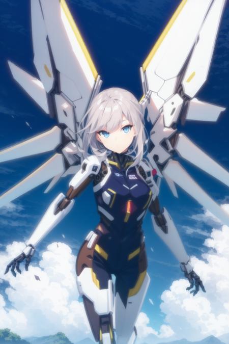 photo of a iom girl, (masterpiece:1.1), (best quality:1.16), (highres:1.1), (ultra_detailed:1.16), 1girl, cant be this cute, ((mechanic suit)), ((mecha suit)), ((mechanical suit wings)), ((mecha suit wings)), ((marvelous illustration)), (detailed splash), sky background, she is flying,