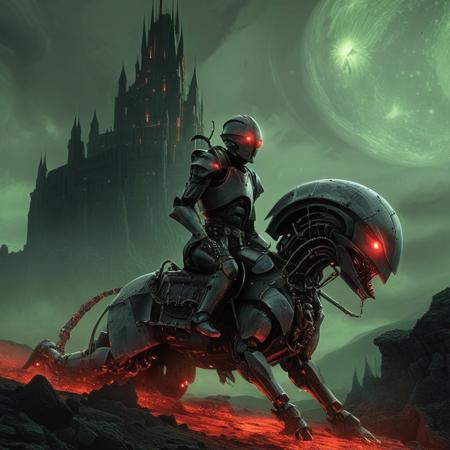alienworld, score_10 , score_9_up, score_8_up, score_7_up , score_6_up, a realistic alien armored knight is riding a ufo, glowing eyes, armor, extraterrestrial background, moon, eerie atmosphere, gothic, grim dark, fantasy art, medieval, detailed light grey and white armor, eerie glow, full armor, red glowing eyes, cape, rocky ground, fantasy creature, alien theme, fantasy setting, high contrast, detailed alien textures, ominous, realistic lighting, haunting, eerie glow, medieval fantasy, gothic style, detailed rendering, fantasy character, alien ambiance, eerie environment, fantasy creature, armored knight, glowing eyes, riding a ufo, knight over ufo, ufo, realistic castle, castle, castle background, smiling