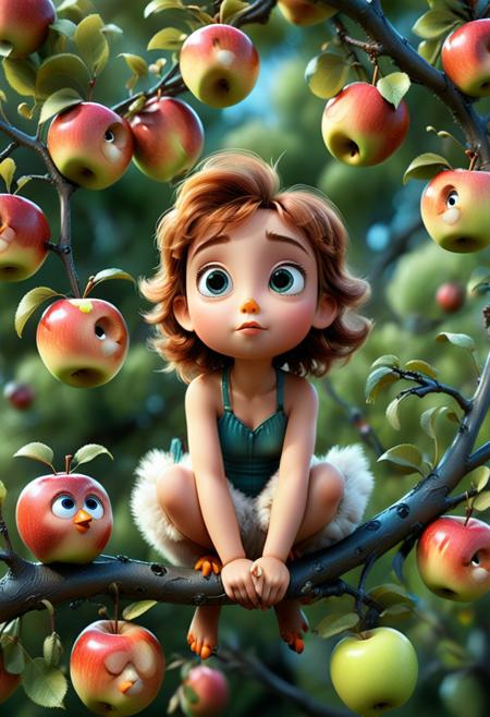 Hi-tech chick girl, mythological pixar, fluffy, flock sitting on the branches of a ripe apple tree, gloss, aesthetically pleasing, beautiful faces, realistic, high resolution, high detail, close-up