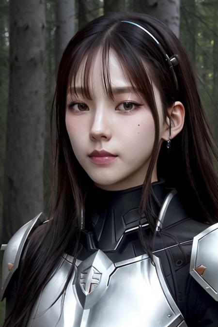 a aespakarina, perfect eyes, (ultra realistic:1.5), (standing in forest:1.2), (close-up photo:1.5), (black paladin armor:1.2), (intricate:1.2), (looking at camera:1.2), (best quality:1.2), <lora:aespakarina-v4-bngs-anlg:1>