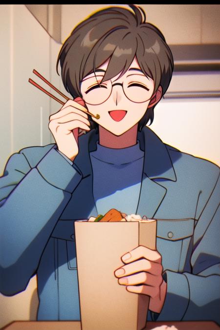 masterpiece, best quality, <lora:tsukishiro_yukito:0.7> 1boy, chopsticks, solo, male focus, grey hair, closed eyes, glasses, smile, open mouth, holding, short hair, blue shirt, holding chopsticks, food, long sleeves, shirt, upper body, jacket, coat, retro artstyle, 1990s \(style\), retro artstyle,