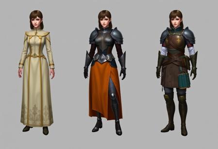 The image represents three variants of women's clothing, presumably uniforms or costumes for a fantasy setting.
On the left: A formal uniform - a long cream-colored dress with gold embroidery and decorative elements.
In the center: An elite uniform - a combination of armor (cuirass, bracers) with an orange skirt that opens one leg.
On the right: The armor of an Elite warrior is a combination of a vest, shirt, trousers and high boots, complemented by belts, a bag and gloves.
All three clothing options are shown on the same female figure with the same hairstyle. There is no interaction between objects, no actions take place. Context is the presentation of various costume options, perhaps for a game, movie, or book.