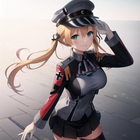 (masterpiece, best quality:1.2),illustration,8k,hd,1girl,solo,hat,blonde hair,twintails,uniform,gloves,hair ornament,military uniform,anchor hair ornament,peaked cap,white gloves,low twintails,iron cross,breasts,smile,long sleeves,military hat,long hair,green eyes,aqua eyes,microskirt,black thighhighs,black skirt,pleated skirt,<lora:Prinz Eugen-V1:0.7>,