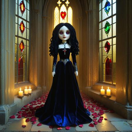 concept art , ultra detailed, ultra quality, cinematic, dramatic lighting  <gothic doll:1.3>, <floor-length velvet gown:1.2>, <ornate silver jewelry:1.1>, long black hair with loose curls, <abandoned gothic cathedral:1.5>, shattered stained glass windows casting fragmented rainbow light, moss-covered stone walls, candlelit ambiance, soft golden glow, intricate gothic architecture, <rose petals scattered on the floor:1.2>, somber and majestic, <soft volumetric lighting:1.3>, photorealistic textures  <lora:Gothic-Dolls:1> gothic_dolls . digital artwork, illustrative, painterly, matte painting, highly detailed