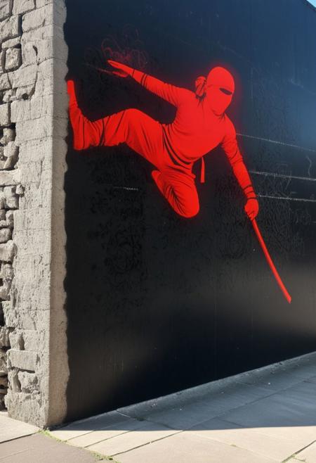 Closeup, amazing quality, masterpiece, best quality, hyper detailed, ultra detailed, UHD, perfect anatomy, portrait, dof, hyper-realism, majestic, awesome, inspiring,,
Walking along a street and looking at a plaster during the walk, lenticular effect Poster, 3d Illusion, a feudal shinobi  fight stance, high kick, in front of an old weathered concrete wall lighted from within sss vibrant translucent old red-black sharp anime style graffiti, The graffiti depicts a martial arts feudal ninja fighter runs afterwards as he passes by., Sideview of the Wall, dutch Angle, one Leg kicking Out of the Wall, surreal, infront of a weathered black concrete wall with a Deep DARK depth effect  lenticular in the Wall - Capture the essence of Wall art and 3d Illusion in this vibrant snapshot emphasis lines, horizontal perfect bold lines, perfect align lines,