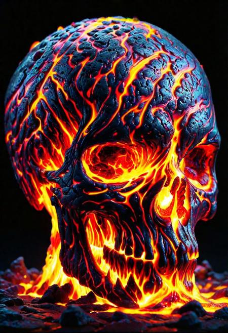 extremely Detailed lava pouring out of a skull, Anti-Aliasing, FXAA, De-Noise, Post-Production, SFX, insanely detailed & intricate, hypermaximalist, elegant, ornate, hyper realistic, super detailed, noir coloration, serene, 16k resolution, full body <lora:ral-lava:1> ral-lava