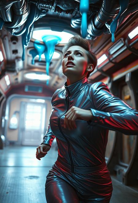 Vintage 1980s sci-fi movie still, dynamic action pose, closeup half-body portrait of scared model running dressed in a futuristic silver business suit of unknown material, futuristic haircut, bathed in rim and ambient light to accentuate expression, she is looking up at shiny blue slime dripping from ceiling in rusty spaceship cargo bay, cinematic light scheme capturing the quintessence of the early 1980s aesthetic, perfect face, photorealistic, digital painting, ambient occlusion, neon palette, chromatic aberration, soft focus, cinematic grading, VHS grain texture, retro, vintage