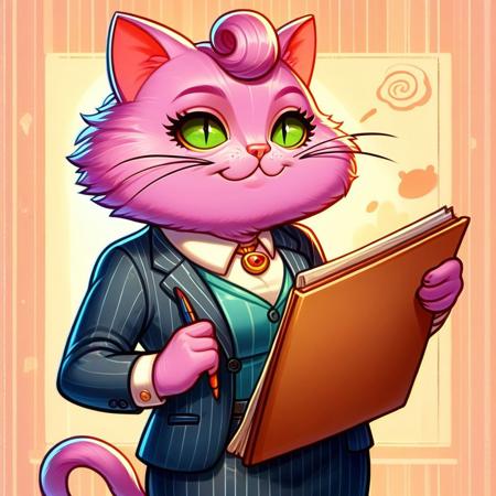 score_9, score_8_up, score_7_up, 
anthro, 1girl, solo, curvy, suit, princesscarolyn, pink fur, cat ears, carry noise, cat whiskers, smiling, detailed background, office