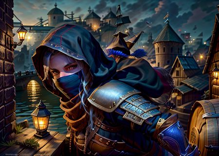 a thief crouch behind a barrel in medieval port, outdoors, medieval port in the background, roguemask ,ligth mask,water,concreate port dock,masterpiece,1guy, sharp, ultra detailed, 8k,(high detailed face:1.2),(high detailed hand:1.2),(high detailed skin:1.2),  <lora:RogueMask:1>