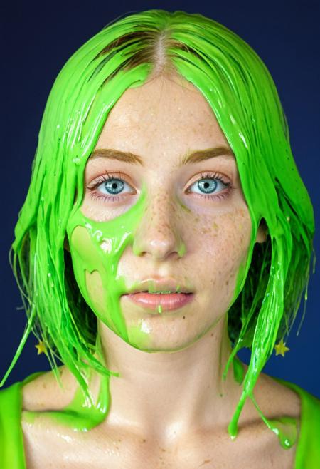 GreenSlime, covered in green slime, dark green slime, professional photo, dark blue gradient background with yellow accent stars, blushing, beautiful blue eyes, (((close up on her face))), cute face, short blonde hair, freckles, pale skin