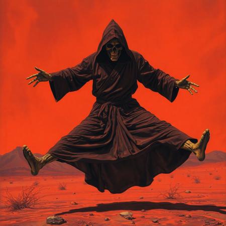 Dark art of an cloaked ominous monk from the 70s-style pulp paintings in the middle of doing a split jump, his bony legs showing while he uses his hands to hold down his robe skirt as not to show his genitals, The sky is red and otherworldy. The monks grinning skeletal face is barely visible. Duotone: Burnt orange and deep plum. Mood: Occult ritual meets 80's crinkled concertposter art style. Grim reaper, doom metal-style, gritty, desert ritual, tales from the crypt