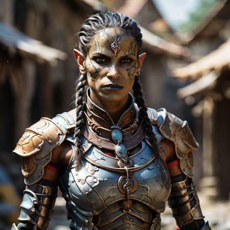 sturdy muscular female githyanki warrior with a chainshirt, with a big braid, sneering