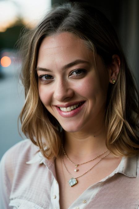 Realistic photo of a beautiful 4m4nd4s-v2 woman, 1girl, solo, long hair, looking at viewer, smile, (((blonde hair))), shirt, jewelry, upper body, teeth, necklace, grin, lips, portrait, realistic, soft lighting, professional Photography, Photorealistic, detailed, RAW, analog, sharp focus, 8k, HD, DSLR, high quality, Fujifilm XT3, film grain, award winning, masterpiece<lora:4m4nd4s-v2:1.0>