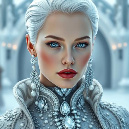 A hyper-realistic portrait of a majestic, futuristic snow queen with an aristocratic and regal look. She has short, slicked-back, pure white hair with subtle silver highlights, and sharply defined, elegant facial features. Her skin is extremely realistic with natural skin texture, slight pores, and lifelike subtle shadows, flawless but still true-to-life. Her lips are richly painted in a soft rose shade, with a lip liner that slightly overlines the upper lip in a very natural human style, as if carefully applied by hand. She has dramatic, artistic silver-white eye makeup with bold lashes, and icy blue eyes with a piercing gaze. She is dressed in a luxurious, high-collar, baroque-inspired gown redesigned with a modern twist, decorated with large, real-looking diamonds and shimmering gemstone embroidery, incorporating metallic threads and intricate patterns. Large, intricate silver earrings with pearl and diamond details complement the look. The background is a cold, frosty environment with a hint of a blurred icy palace behind her. Dramatic cinematic lighting, photorealistic details, futuristic aristocracy aesthetic, close-up in profile view.