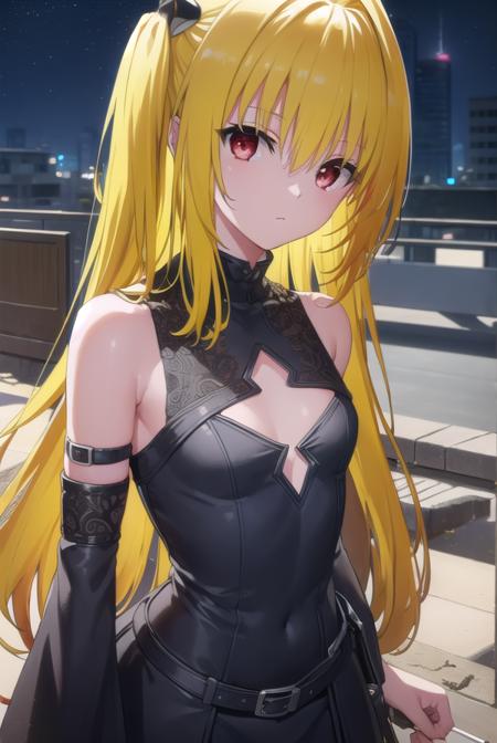 toloveruyami, <lora:yami darkness-lora-nochekaiser:1>, 
yami, (yellow hair:1.5), long hair, (red eyes:1.5), (hair ornament:1.2), two side up, (small chest:1.2), 
BREAK sleeveless, detached sleeves, dress, black dress, black skirt, clothing cutout, cleavage cutout,
BREAK outdoors, night, sky, star \(sky\), moon,
BREAK looking at viewer, (cowboy shot:1.5),
BREAK <lyco:GoodHands-beta2:1>, (masterpiece:1.2), best quality, high resolution, unity 8k wallpaper, (illustration:0.8), (beautiful detailed eyes:1.6), extremely detailed face, perfect lighting, extremely detailed CG, (perfect hands, perfect anatomy),