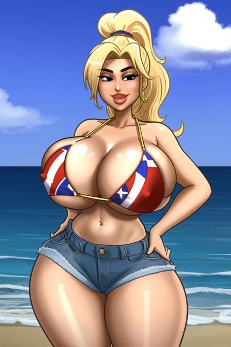 <lora:DemonDealsv1:.6>, masterpiece, best quality, DemonDeals, 1girl, solo, breasts, smile, blonde hair, navel, cleavage, ponytail, american flag bikini, thighs, cowboy shot, shorts, midriff, huge breasts, black eyes, covered nipples, lips, hand on hip, short shorts, makeup, thick thighs, denim, lipstick, bikini top only, curvy, wide hips, denim shorts, hands on hips, strap gap, cutoffs, beach, outdoors, blue sky, ocean, cloud, sunlight, waves, sand,