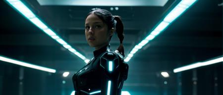 movie still, action scene, olivrod, at night, wearing tron legacy suit, ponytail, from TRON: Legacy (2010), digital environment, (masterpiece, extremely detailed skin, dramatic and cinematic lighting, key light, fill light) <lora:olivrod:1>