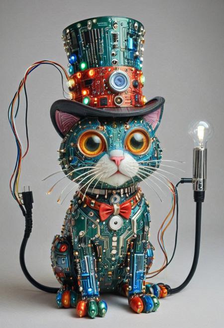 embedding:lazmpos, Transistors, pcb_style, LED, colorful LED lights, RGB lights, red green and blue cat, art deco, top hat, cane, monocle,RetroBG