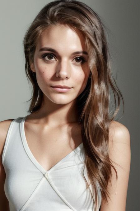 Photo of CaitlinStasey as a (young:1.0) woman, (oiled shiny skin:1.0), (tilted angle shot:1.0), (8k uhd:1.0), (best quality:1.0), (masterpiece:1.0), (sharp focus:1.0), (basic grey backdrop:1.0),