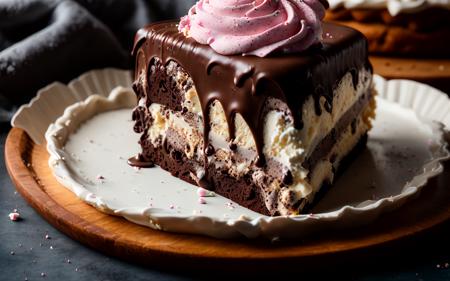 closeup photo of a large gourmet layered snozboffle chocolate ice cream chocolate chip cookie birthday cake covered in frosting, low moody lighting, platter, cozy bakery background