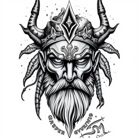Nordic god galaxy dubble exposure, hyperrealistic tattoo design, black and grey, chicano style, full image, white background, no pencils, 4k resolution, super detailed, high quality, anatomically correct, sharp focus, high contrast, 1080P, HD, 16k,