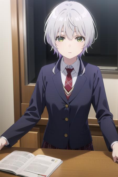 fuukakikuchi, <lora:fuuka kikuchi s1-lora-nochekaiser:1>,
fuuka kikuchi, short hair, bangs, hair between eyes, (green eyes:1.3), grey hair,
BREAK skirt, shirt, long sleeves, school uniform, jacket, white shirt, pleated skirt, necktie, collared shirt, plaid, plaid skirt, blazer, red necktie,
BREAK indoors, classroom,
BREAK looking at viewer,
BREAK <lyco:GoodHands-beta2:1>, (masterpiece:1.2), best quality, high resolution, unity 8k wallpaper, (illustration:0.8), (beautiful detailed eyes:1.6), extremely detailed face, perfect lighting, extremely detailed CG, (perfect hands, perfect anatomy),