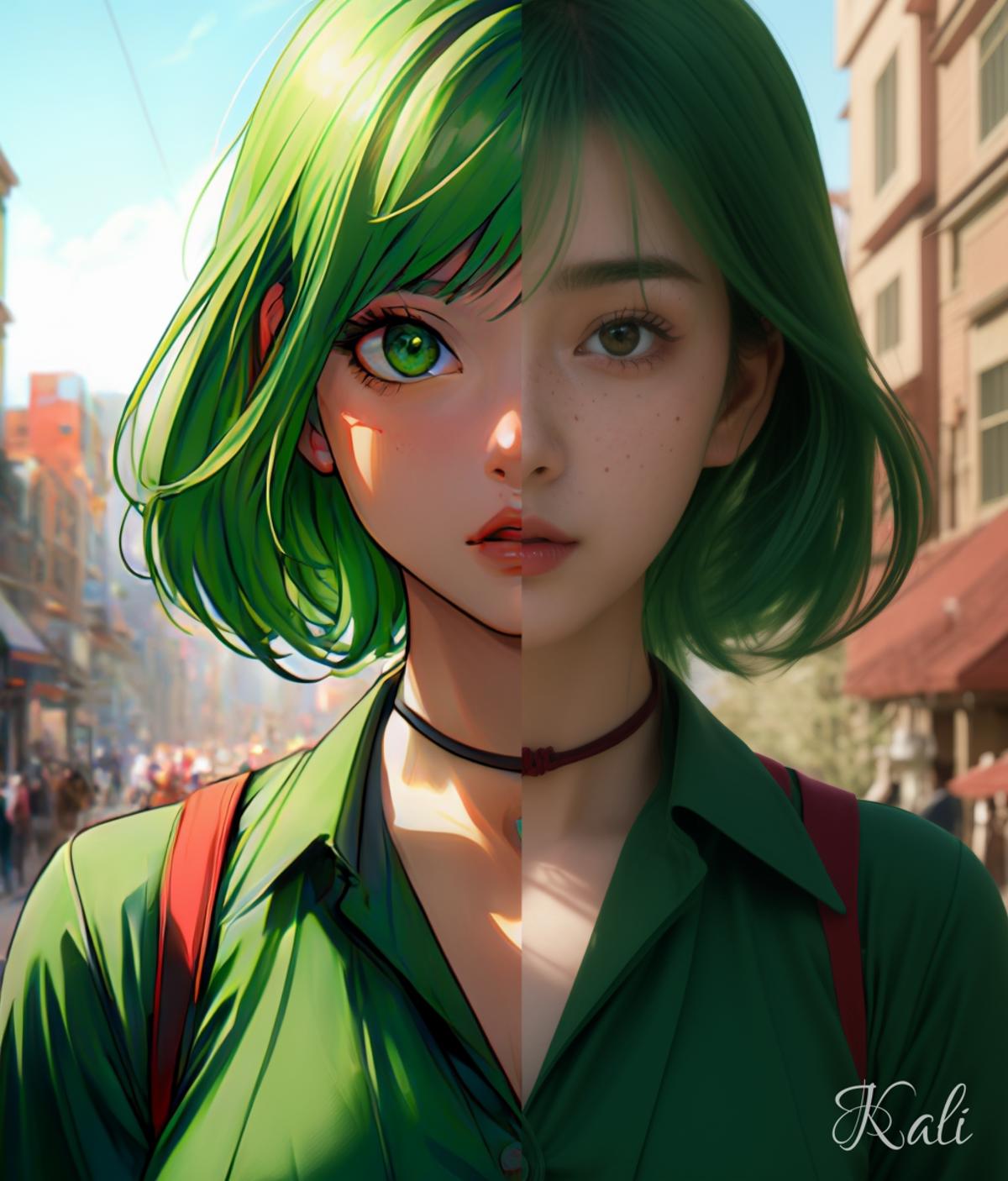 30yo Japanese woman,

green eyes, green hair, 
standing in a red town square,
open green shirt,

shading, sunspots, deep s...