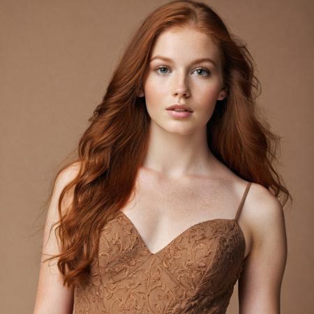 Photo of a woman, 21 year old beautiful female model, long auburn hair, revealing the delicate features of her face. She wears a simple yet elegant dress that falls just above her knees, accentuating her slender yet curvy figure. Her eyes, a warm shade of brown. Full height.
