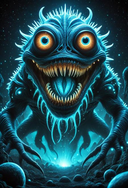 masterpiece,ultra-high resolution,incredible composition,extremely detailed, 
Bioluminescent  monster  with googly eyes, sharp teeth, rage extraterrestrial inside it, in space. made of enchanted  Macabre made of Bioluminescent