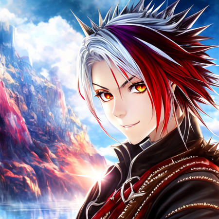 smooth, anime art,
a girl with spiky silver hair, red beautiful eyes, (evil smile:0.6), adventurer brown leather attire,
close shot, low angle, fine weather, standing,
fantasy, another world, colorful hair reflection,