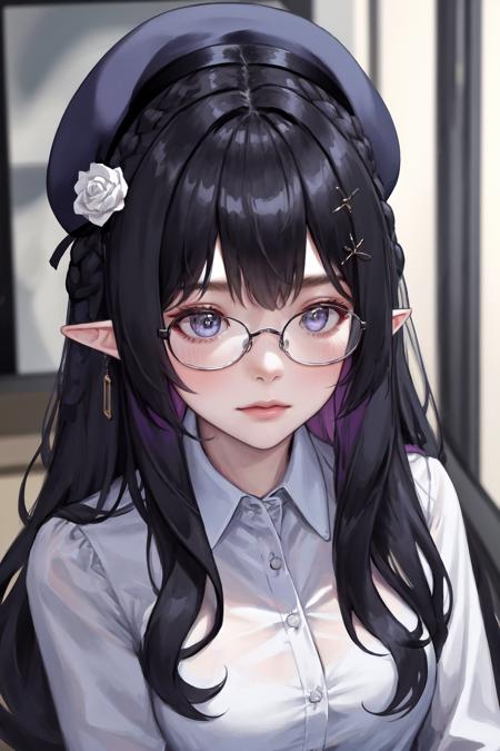 masterpiece, best quality, highres, 1girl hair ornament beret pointy ears <lora:sora_orbit_no_outfit:1> white shirt, glasses, office lady