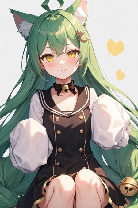 best quality, masterpiece, highres, solo, {akashi_azurlane:1.15}, animal_ears, cat_ears, green_hair, long_hair, ahoge, hair_between_eyes, yellow_eyes, blush, bell, bow, hair_ornament, bangs, very_long_hair, :3, mole, smile, mole_under_eye