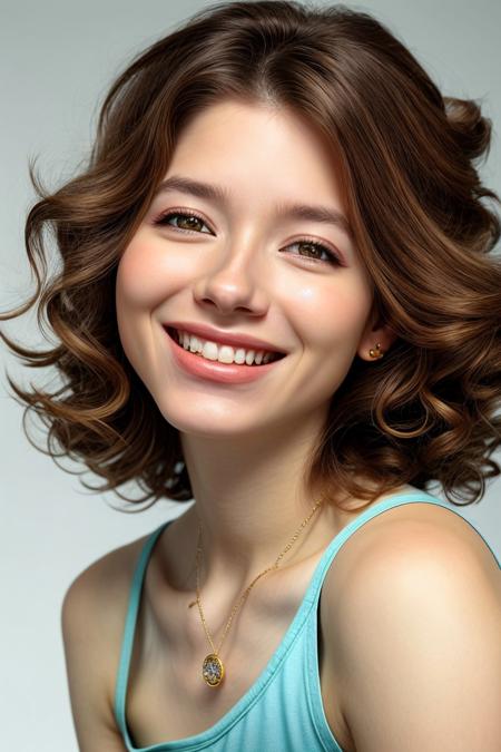photorealistic rendering, detailed, realistic, high definition, photo of <lora:sd15_PatiTonin_locon_24_v1-000006:.9> PatiTonin, focus on eyes, close up on face, smile, wearing jewelry, hair styled as bouncy curls, vignette