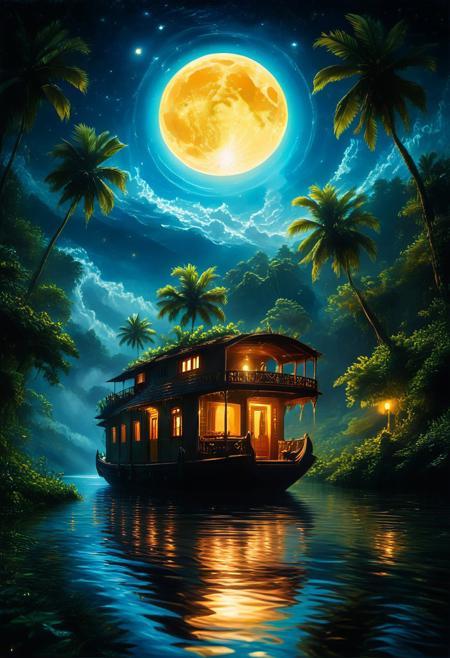 Paradise of Kerala River side by night, full illuminating moon, reflection, a houseboat, shadow Palms, masterpiece, best quality, double exposure, realistic, whimsical, fantastic, splash art, intricate detailed, hyperdetailed, maximalist style, photorealistic, concept art, sharp focus, harmony, serenity, tranquility, mysterious glow, ambient occlusion, halation, cozy ambient lighting, dynamic lighting,masterpiece, liiv1, linquivera, metix, mentixis, masterpiece, award winning,