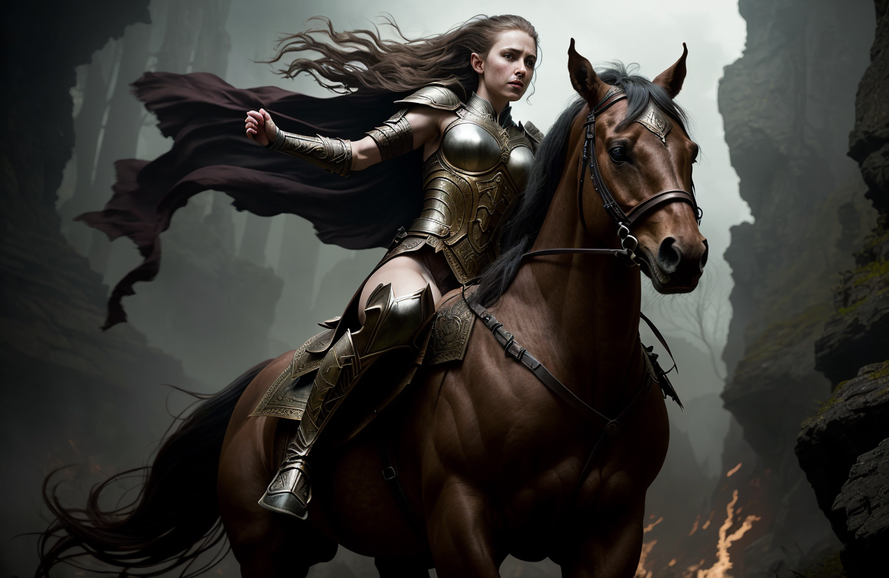 Intricate dynamic action shot of beautiful elf warrior riding a horse, cinematic, Fantasy, oppressive atmosphere, digital ...