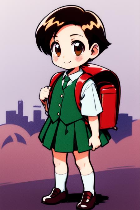 <lora:rokujoumugi:0.8> rokujoumugi, 1girl, solo, backpack, bag, skirt, short hair, brown hair, randoseru,  full body, socks, forest, brown eyes, school uniform, holding strap, shoes, retro artstyle, pleated skirt,  smile,
child, chibi, night, city,
masterpiece, high quality, very_high_resolution, large_filesize, full color,