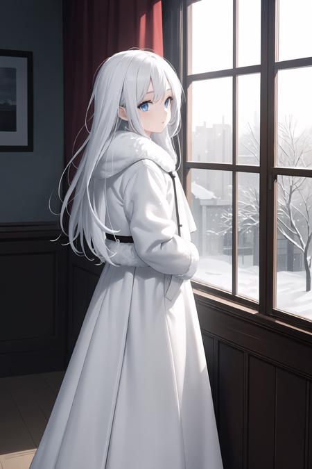 masterpiece,best quality,1girl,blue eyes,long white hair,white fur coat,long skirt,room,window,winter,