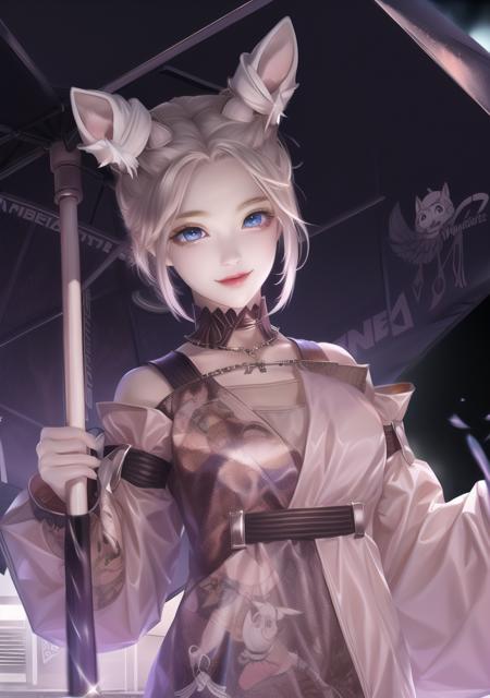 wuxian-xsg, 1girl, solo, umbrella, blue eyes, looking at viewer, grey hair, hair bun, double bun, holding umbrella, holding, animal ears,  <lora:wuxian-xsg:1>, masterpiece, best quality,