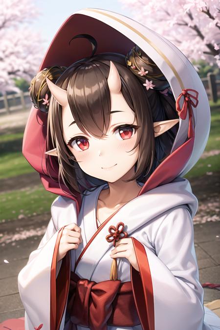 masterpiece, best quality, momonosei, ultra_high_res, realistic, lustrous skin, ray_tracing, detailed_background, 3d face, 
1girl, solo, hood up, brown hair, japanese clothes, horns, kimono, oni horns, hood, red eyes, hair between eyes, hair ornament, pointy ears, wide sleeves, long sleeves, skin-covered horns, hair flower, uchikake, bangs, double bun, hair bun, red sash, blush, sleeves past wrists, tassel, wataboushi, obi, short hair, small breast,  sash, 
upper body, street, close mouth, Cherry blossoms, 
<lora:momonosei:1:MIDD>