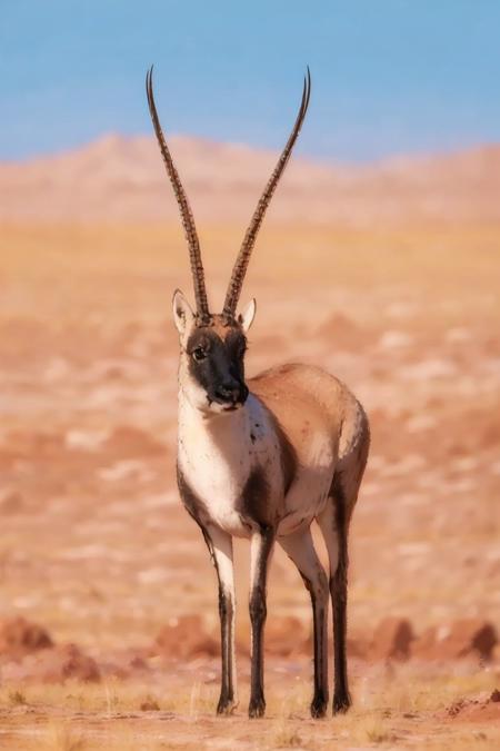 masterpiece, photorealistic, best quality, 8k,
no humans, tibet antelope, realistic, horns, solo, day, animal, outdoors, sky, field, full body, desert, grass, bokeh, <lora:tibet_antelope_v1-000015:0.67>