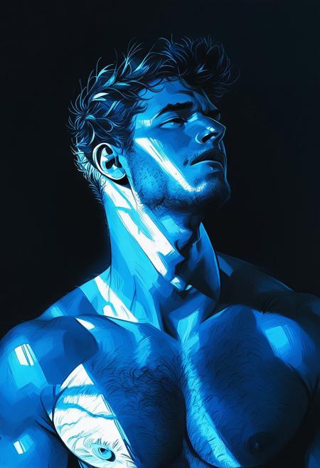 score_9, score_8_up, score_7_up, score_6_up, 1boy, stubble, shirtless, upper body, dark background, hairy chest, manly, intense look, blue theme, s1_dram