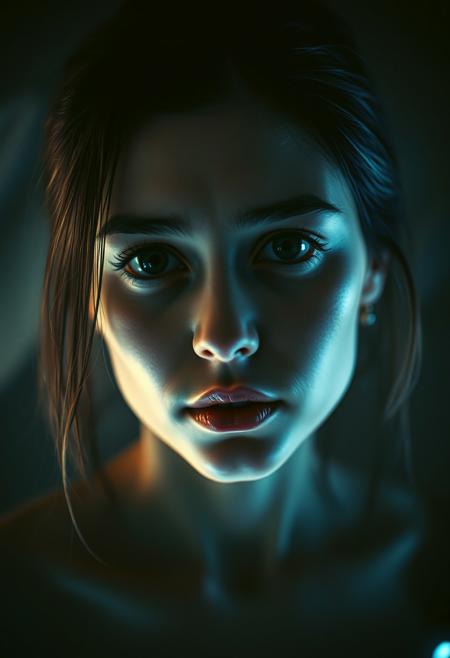Yuri Shwedoff: A (cyborg:1.35 woman ) with (dark black void contact lens:1.5), created by Tony Conrad. The setting is Biopunk, featuring a shallow depth of field, vignette, (Fiber optic light painting), (Fujicolor Superia X-TRA 400:), (Light tracing), and (Dramatic lighting).