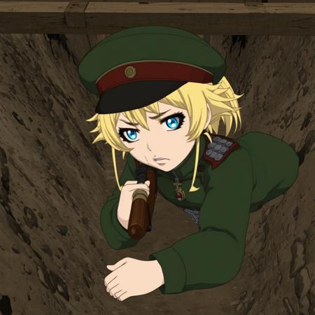 cel_shading,TanyaDegurechaff wearing a green military hat and green military uniform and holding a sniper rifle as she crawls on her stomach in the middle of a muddy world war I trench. She is mildly irritated, with her blue eyes and blonde hair contrasting her dirty surroundings
